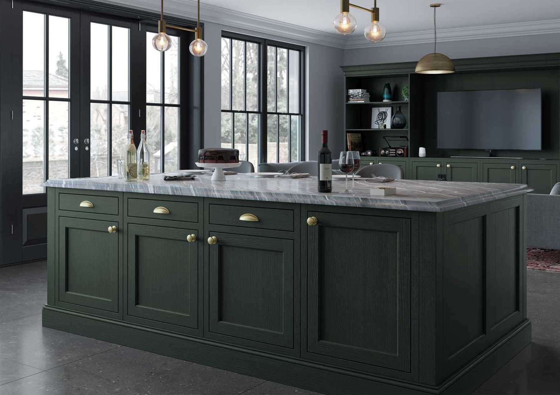 Luxurious inframe kitchen in forest green island pic 1