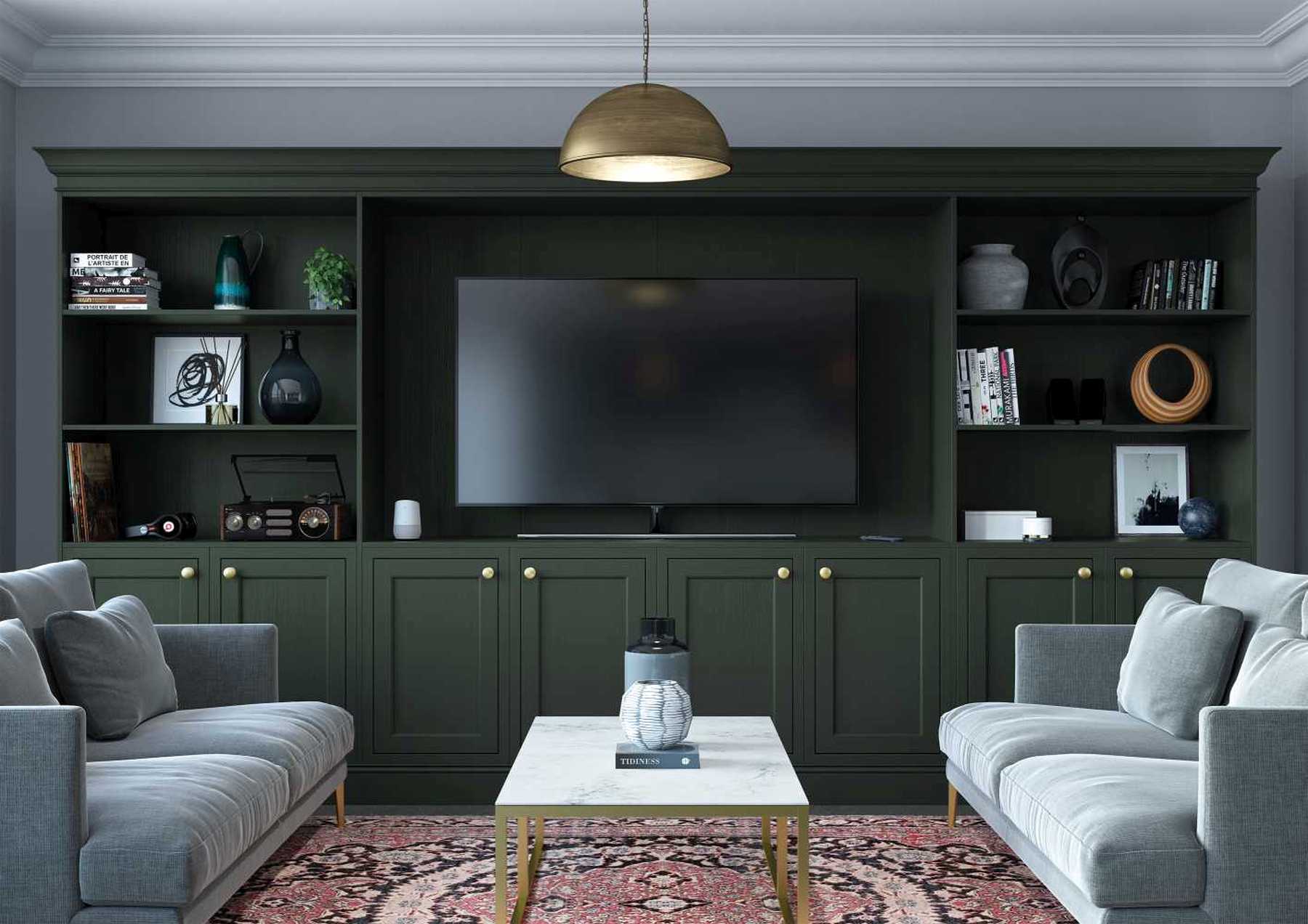 Luxurious inframe kitchen in forest green media wall