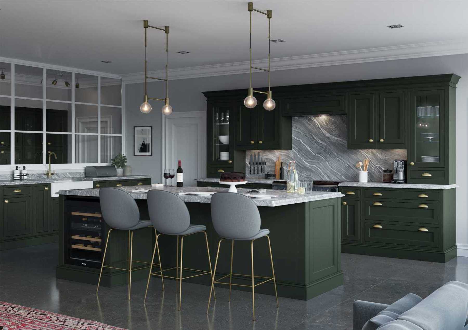 Luxurious inframe kitchen in forest green island pic 2