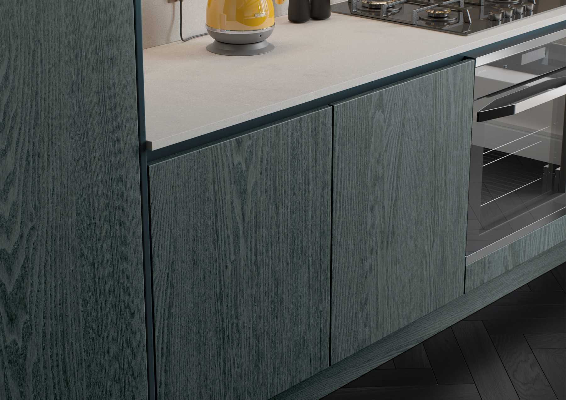 True handleless kitchen doors stained pacific blue