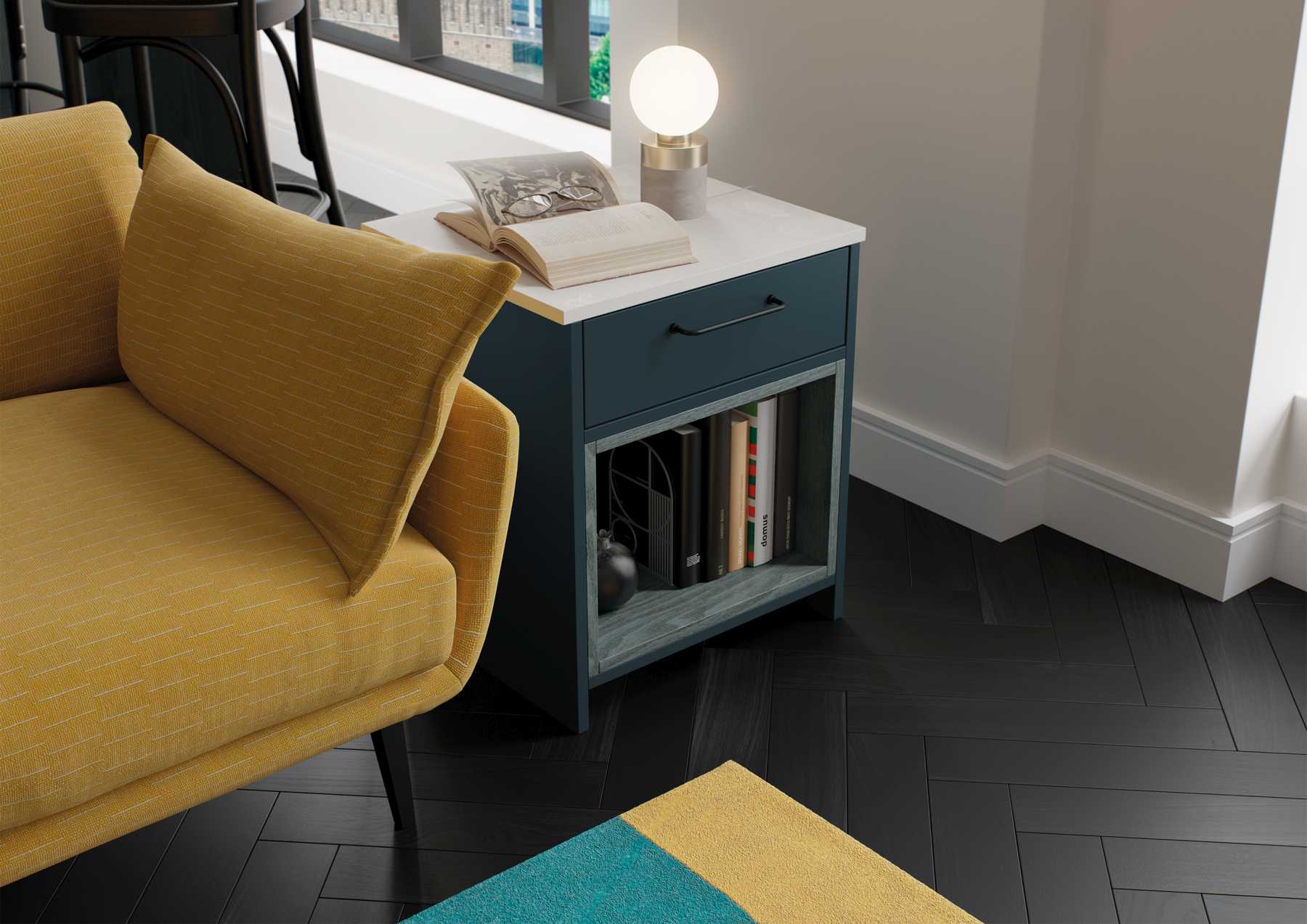 Lounge side table in matte marine blue with stained blue woodgrain shelf and quartz top