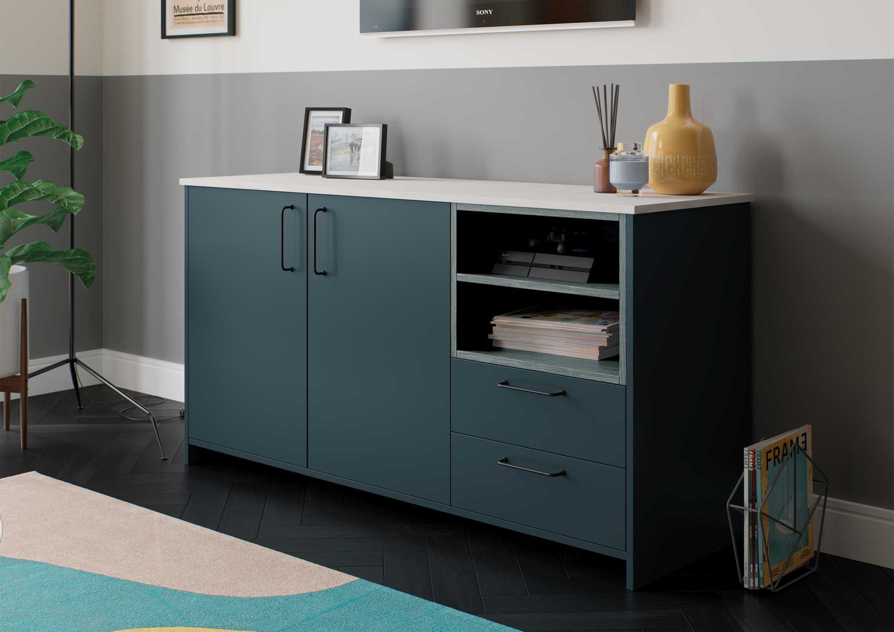 Lounge sideboard in matte marine blue with stained blue woodgrain shelf and quartz top