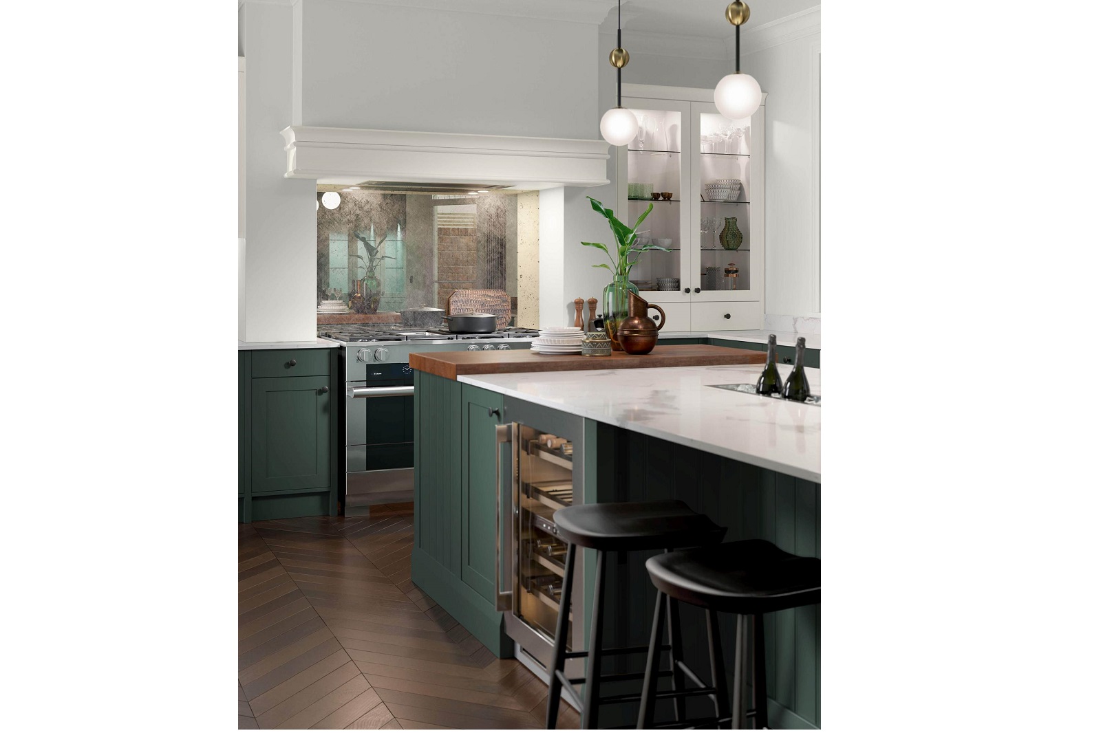 Smooth-finish, slim-frame, shaker-style kitchen painted heritage green and porcelain