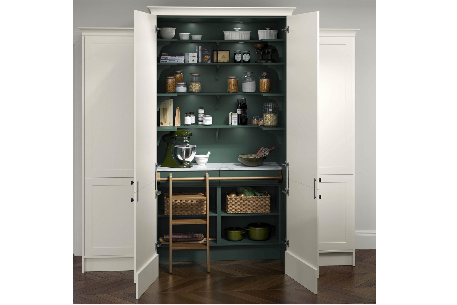 Smooth-finish, slim-frame, shaker-style kitchen painted heritage green and porcelain featuring integrated tall pantry unit with ladder 