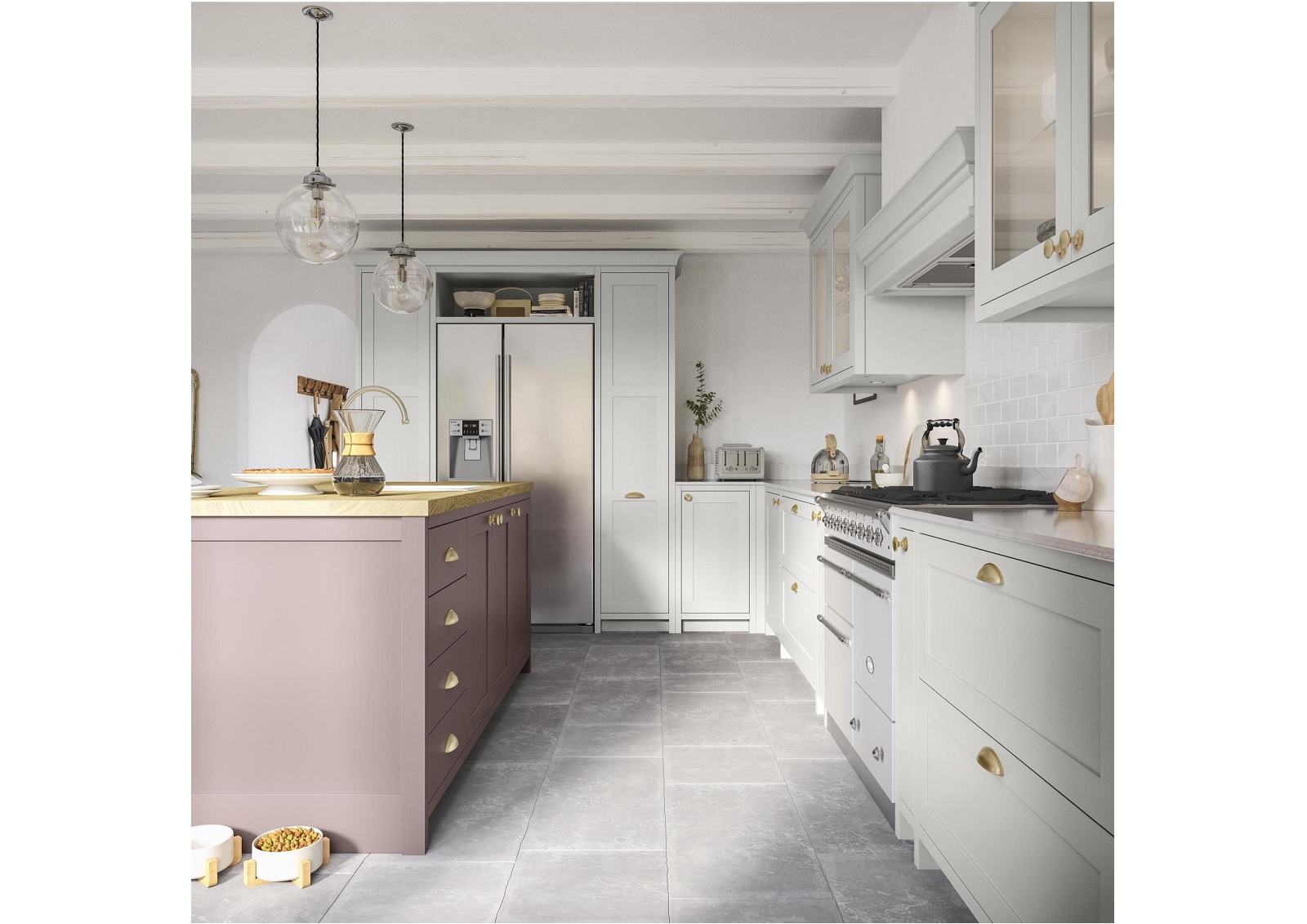 Smooth-finish, slim-frame, shaker-style kitchen painted vintage pink and light grey featuring american fridge freezer framed by floor to ceiling cabinets framed by 