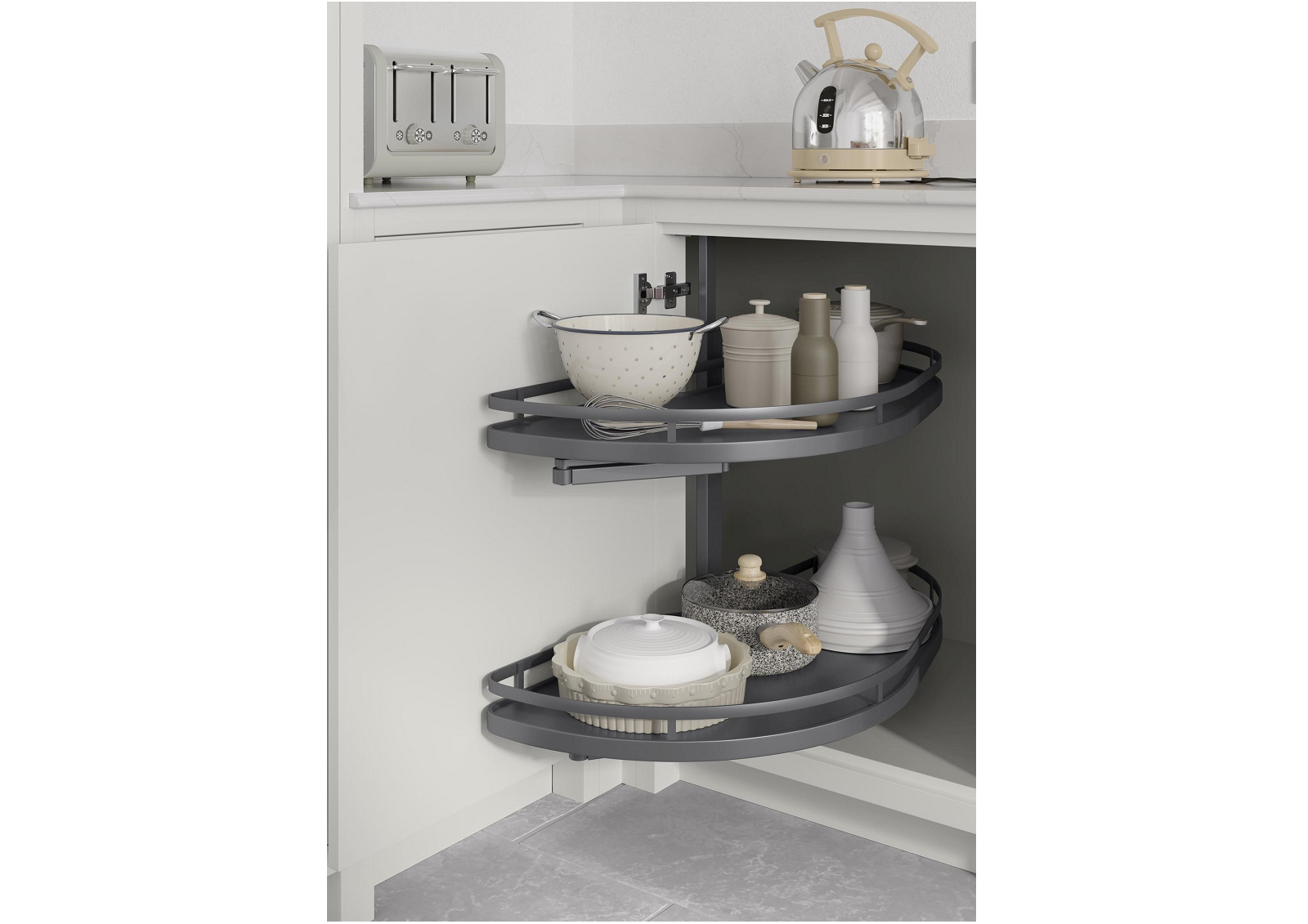 Smooth-finish, slim-frame, shaker-style kitchen painted vintage pink and light grey featuring Arco Linea pull-out shelving in Anthracite