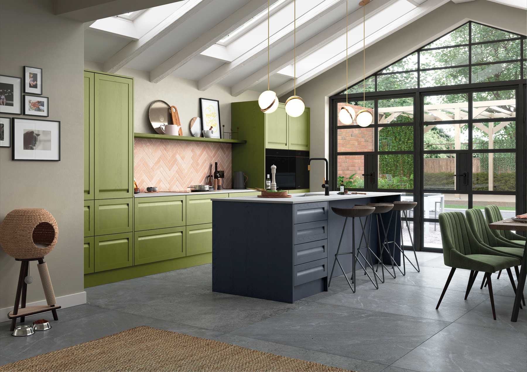 Handleless Shaker-Style Kitchen Painted Slate Blue and Citrus Green featuring island unit with pendant lighting, bare brick backsplash and dining area 