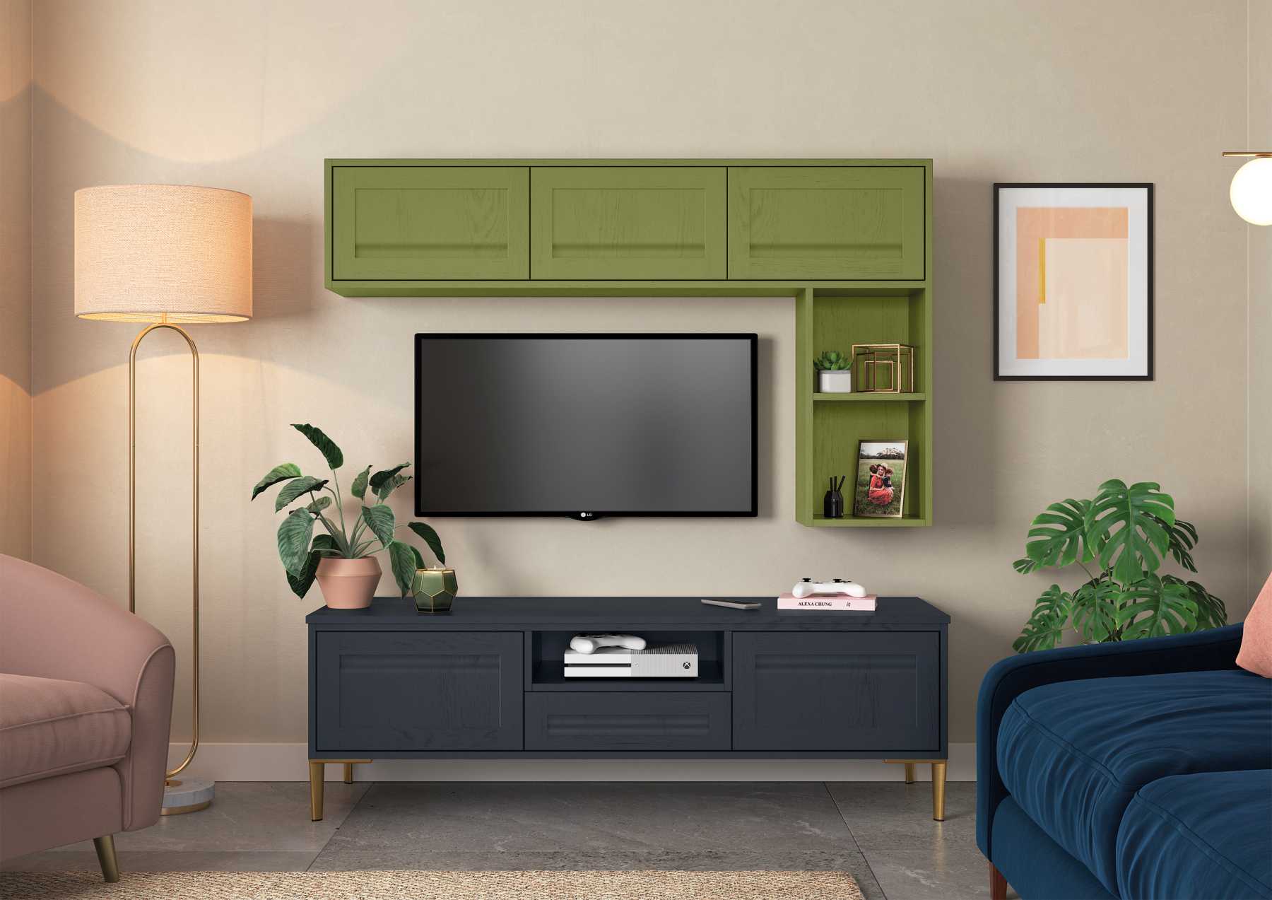 Handleless Shaker-Style Kitchen Painted Slate Blue and Citrus Green featuring complementary cabinets which frame the TV