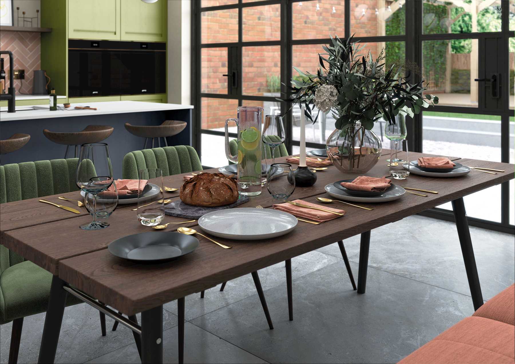 Handleless Shaker-Style Kitchen Painted Slate Blue and Citrus Green featuring dining table and chairs 