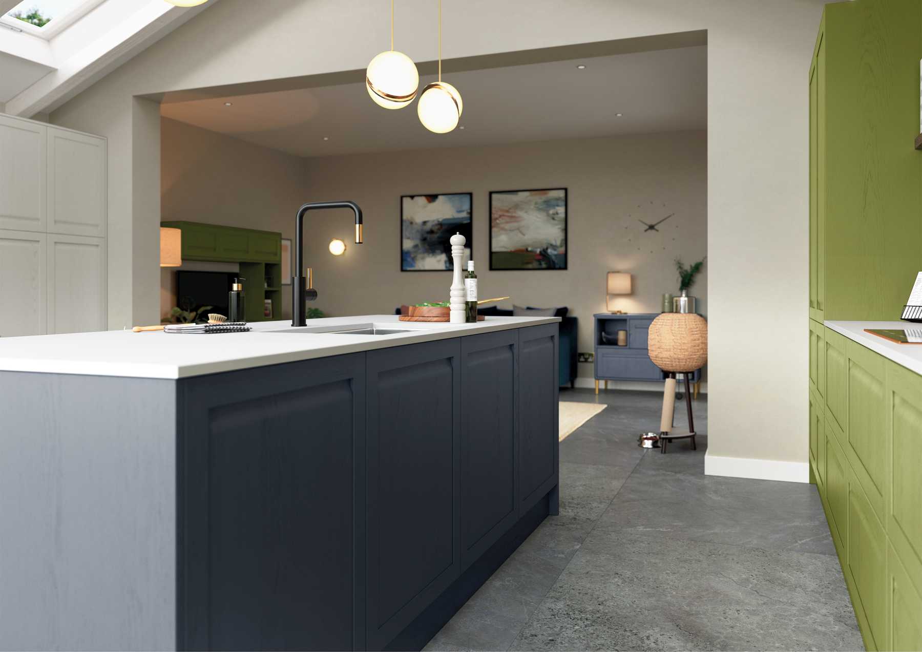 Handleless Shaker-Style Kitchen Painted Slate Blue and Citrus Green featuring island unit and pendant lighting 