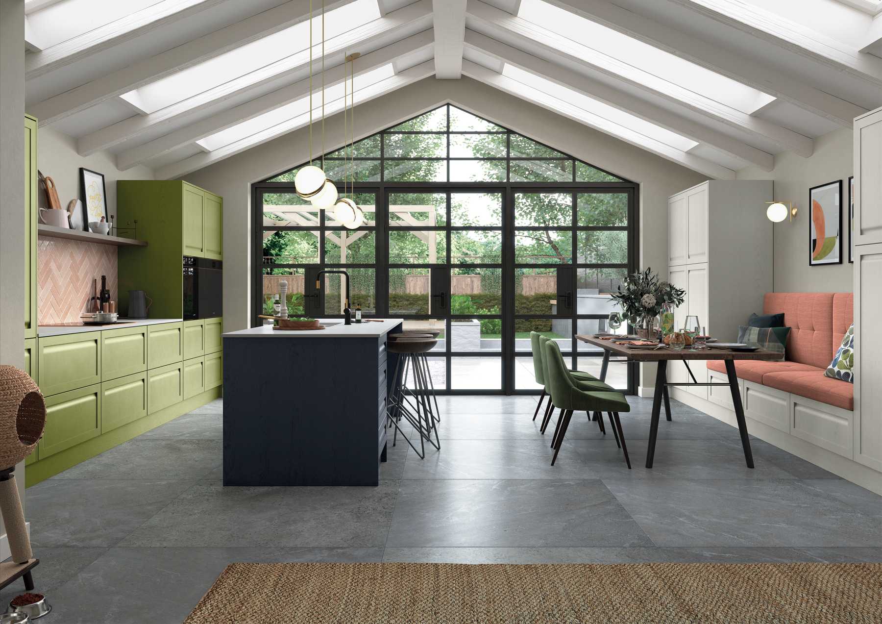 Handleless Shaker-Style Kitchen Painted Slate Blue and Citrus Green featuring view of the whole space depicting the open-plan layout 