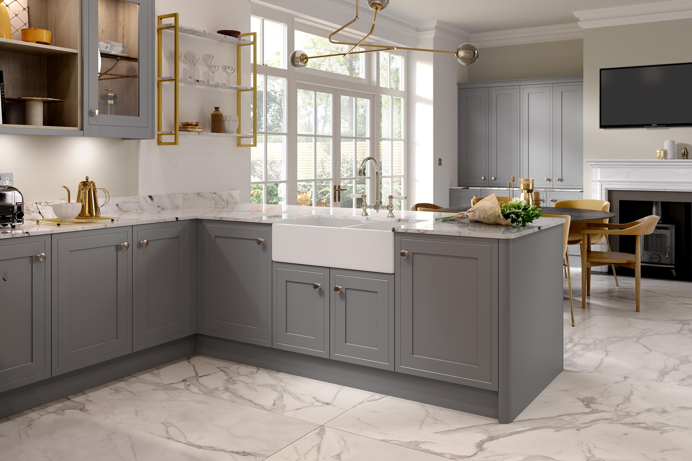Smooth-finish shaker-style kitchen painted dust grey featuring farmhouse sink