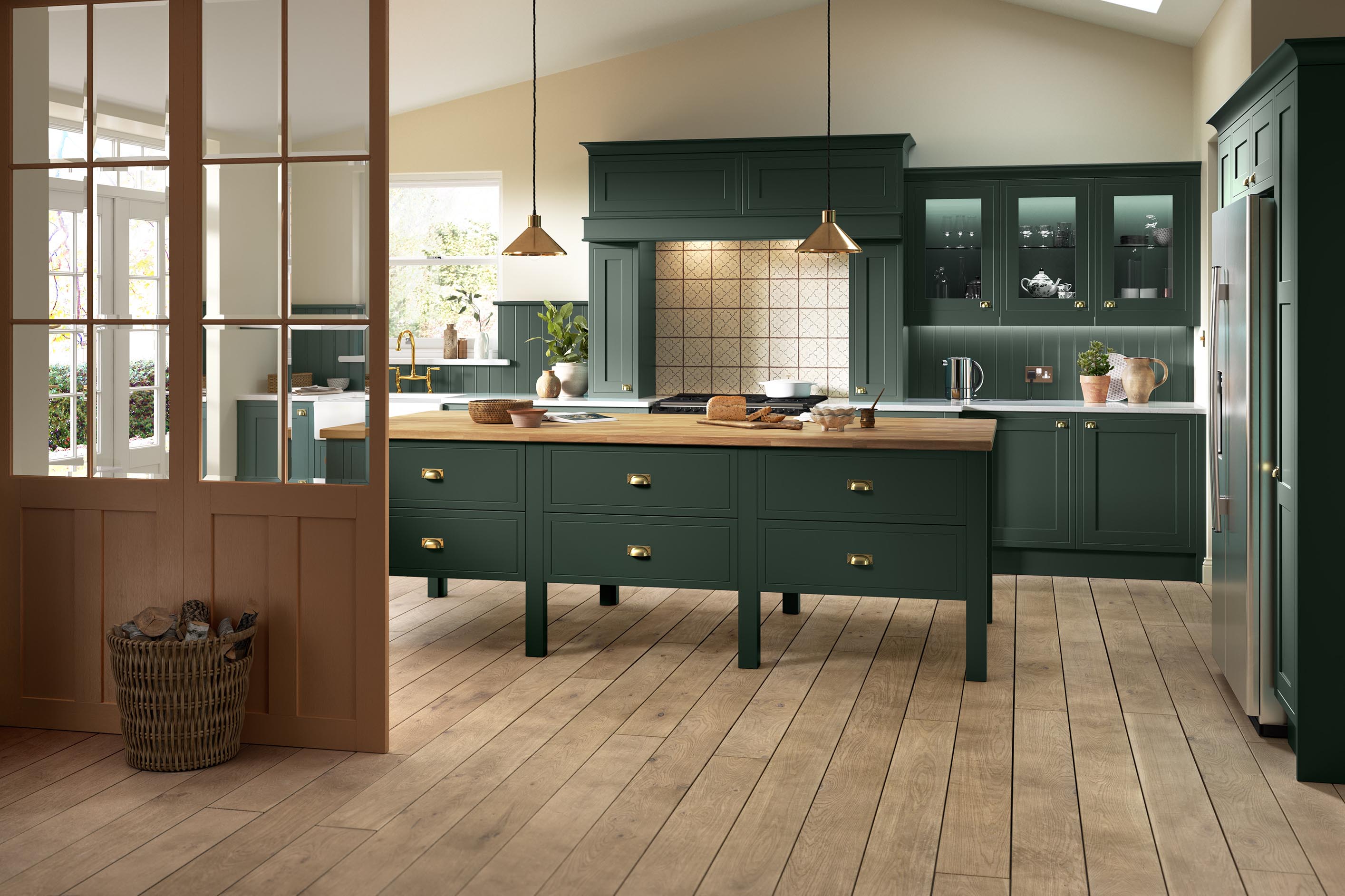 Mock In-Frame Shaker-Style Kitchen Painted Heritage Green featuring large freestanding island unit, pendant lighting, ada cooker, belfast sink, American fridge freezer and adjoining utility room