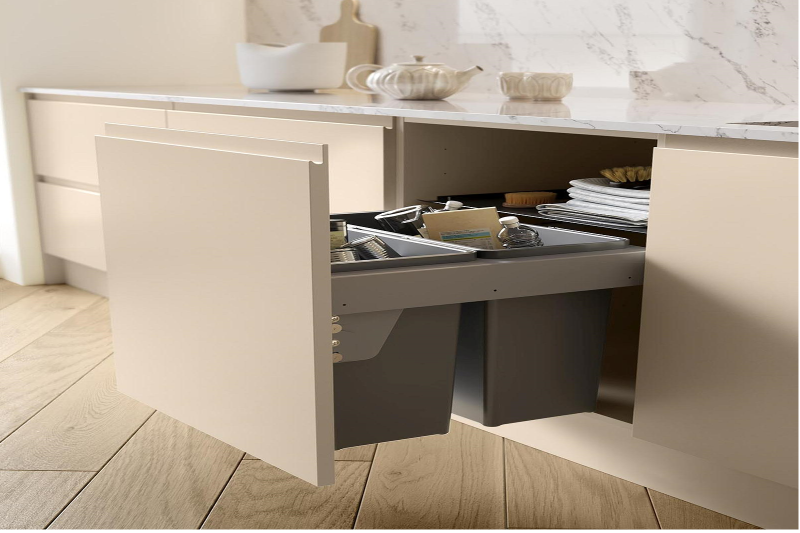 J-Pull Handleless kitchen painted matte cashmere featuring pull-out bin