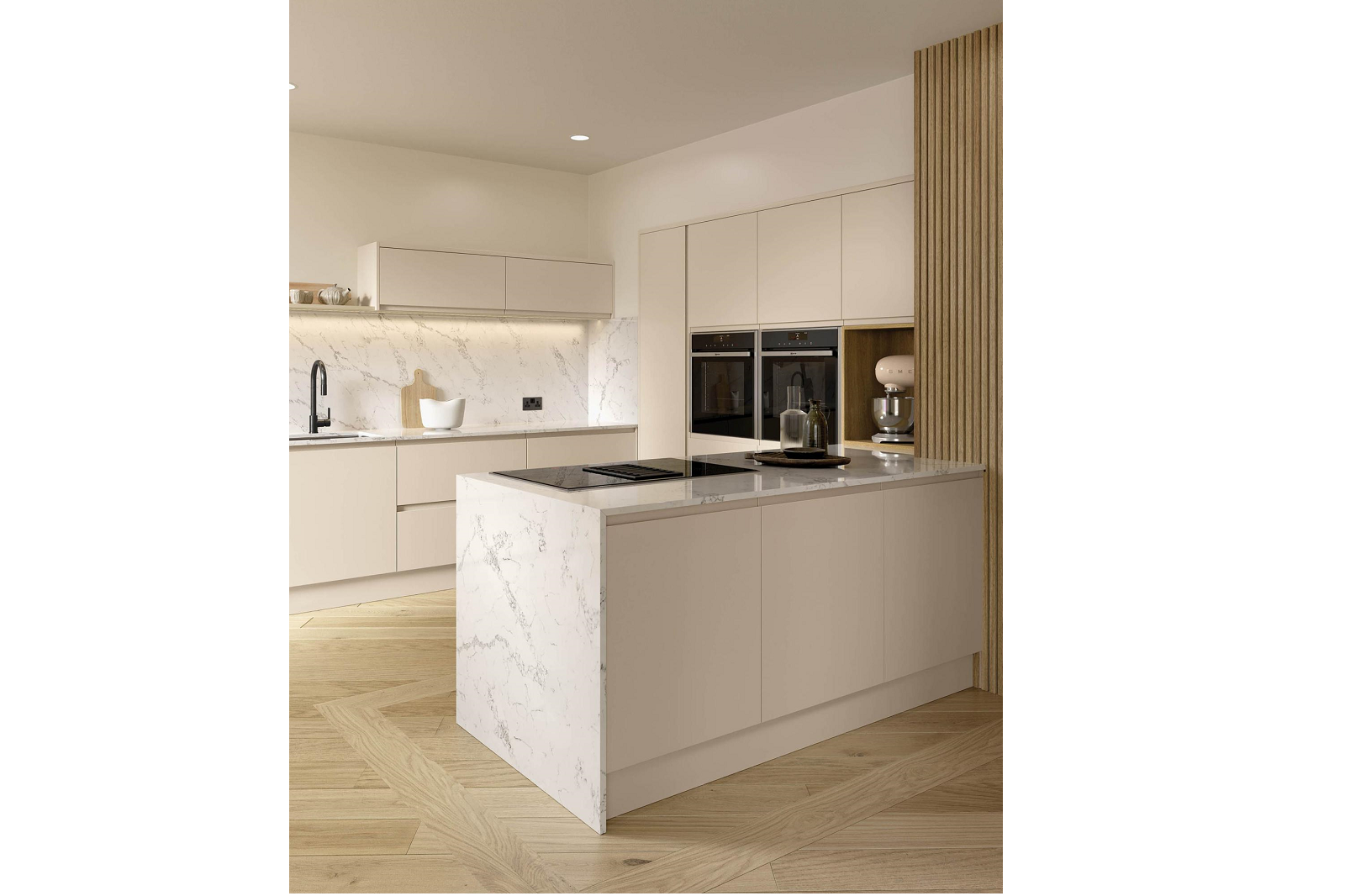 J-Pull Handleless kitchen painted matte cashmere featuring peninsula unit with induction hob 