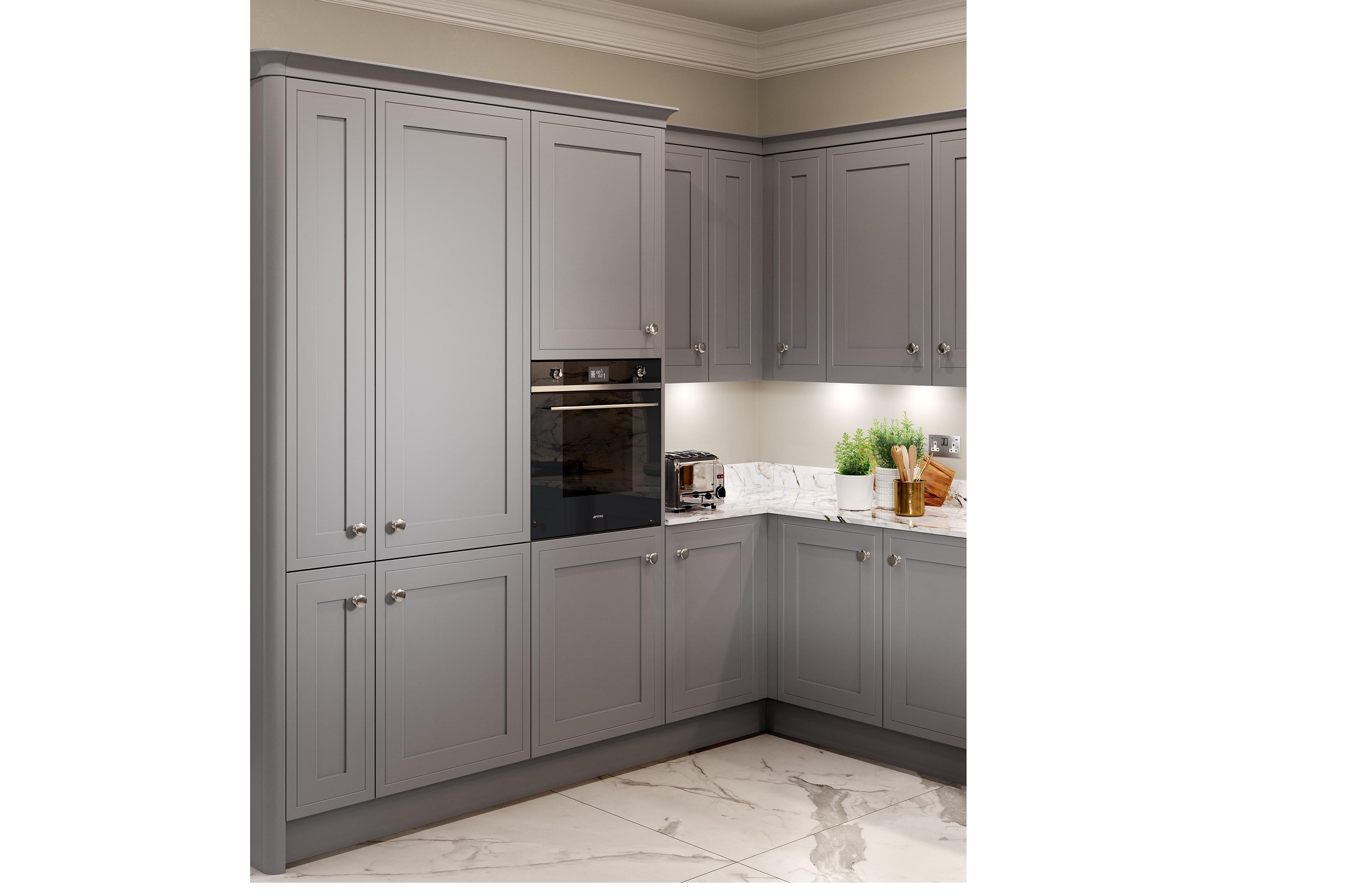 Smooth-finish shaker-style kitchen painted dust grey featuring eye-level integrated oven 