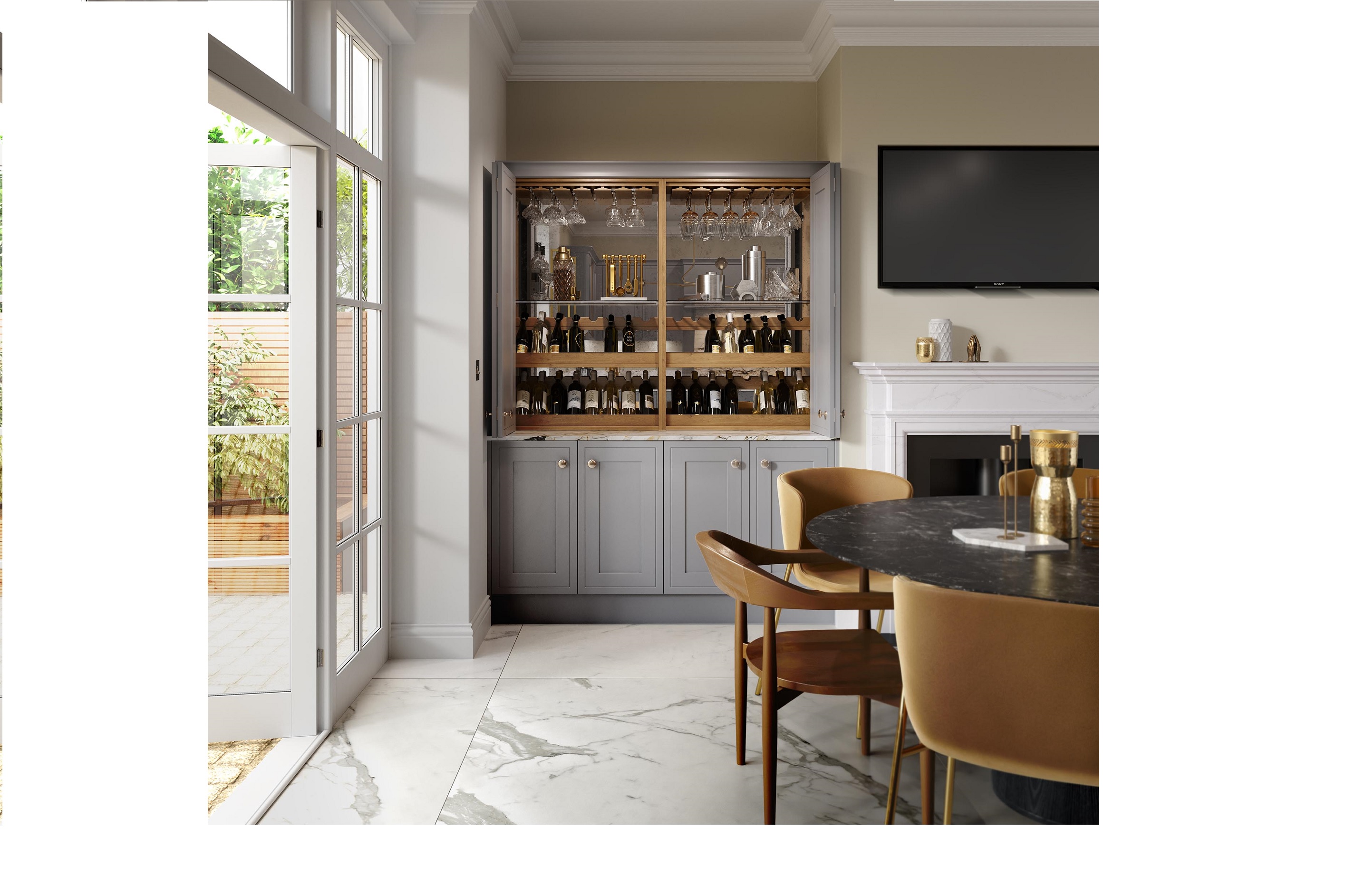 smooth-finish shaker-style kitchen painted dust grey featuring drinks dresser with oak glass holders, wine racks and bi-folding doors
