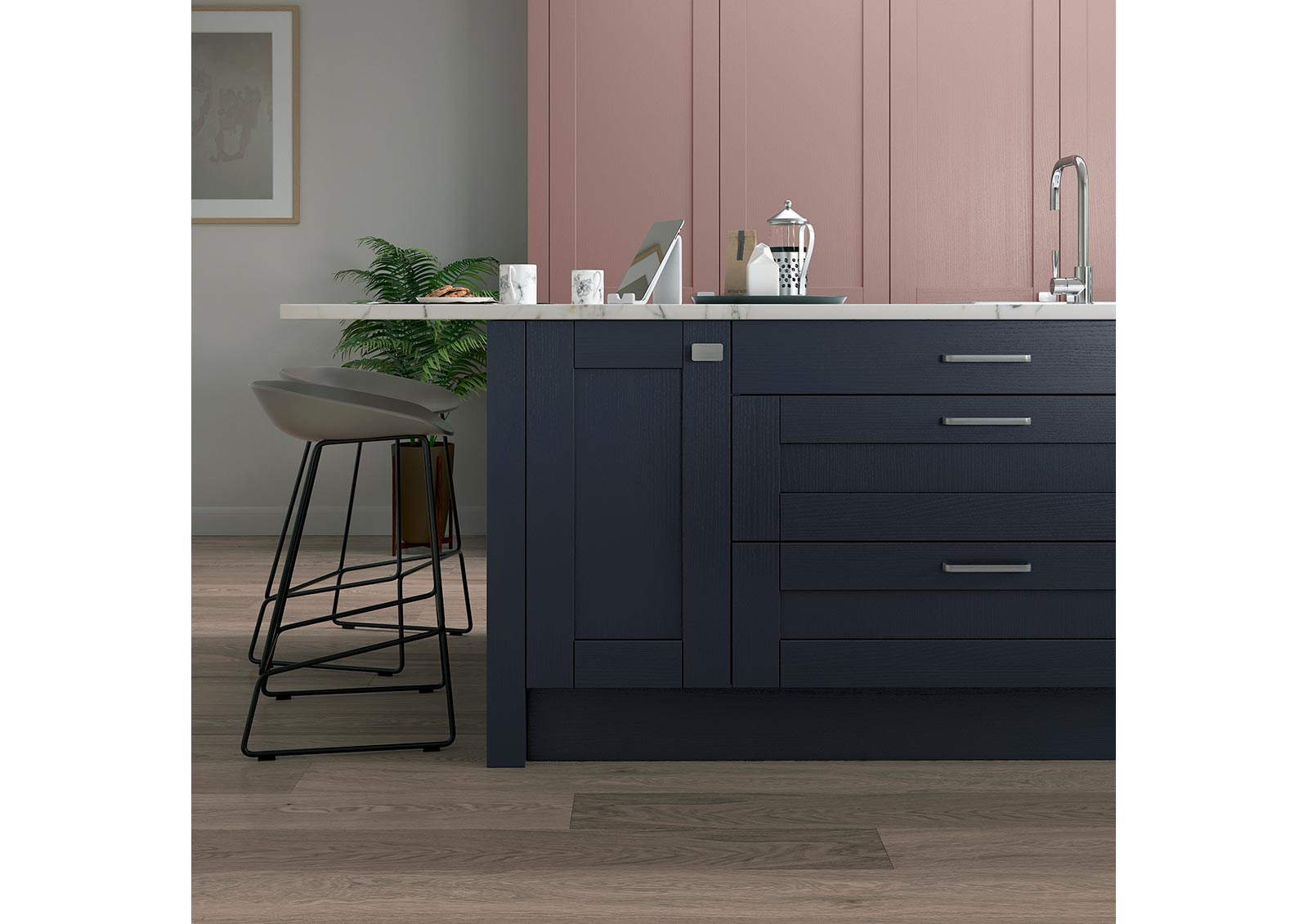 classic shaker kitchen painted slate blue with brushed nickel handles