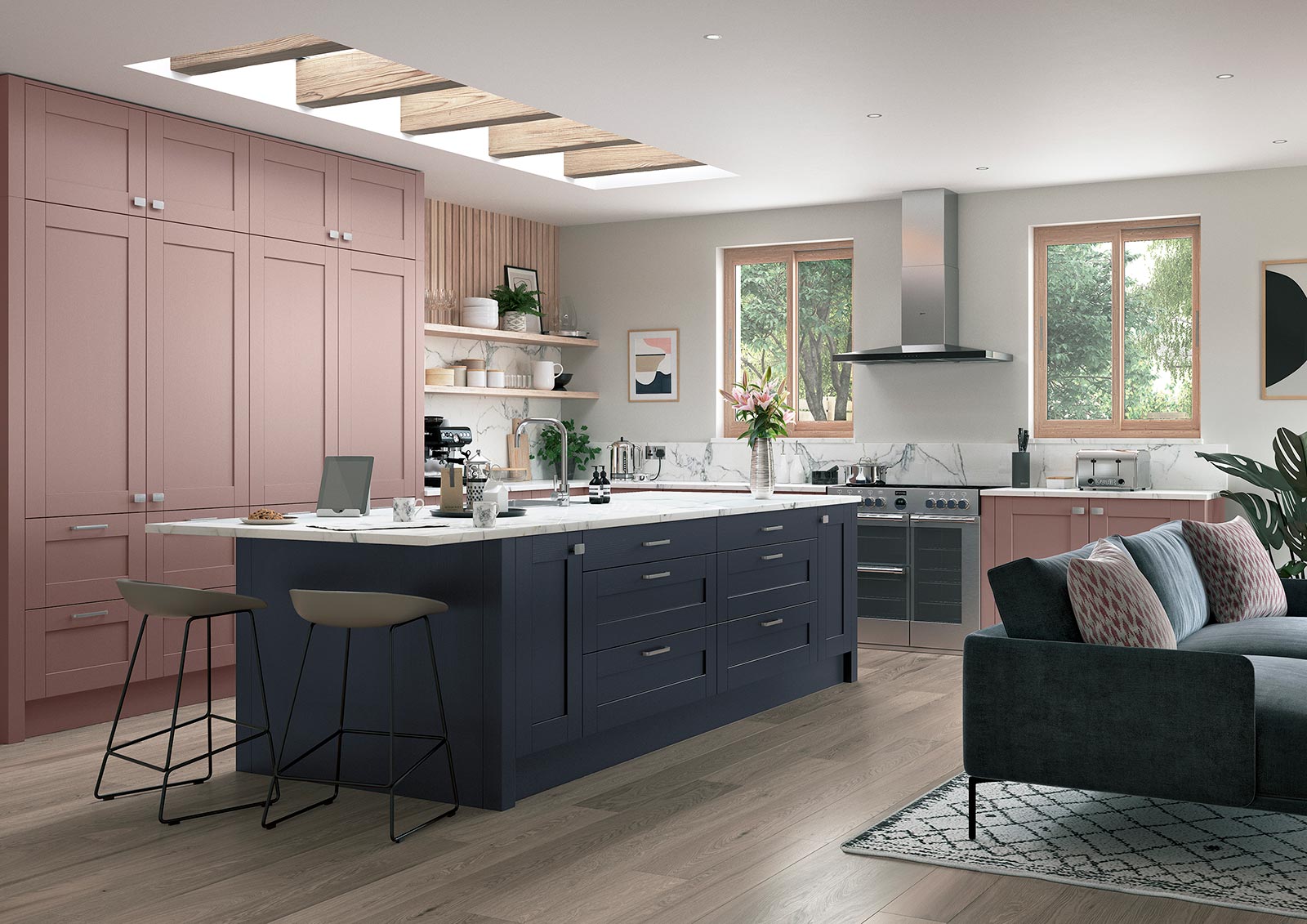classic shaker kitchen painted slate blue and vintage pink