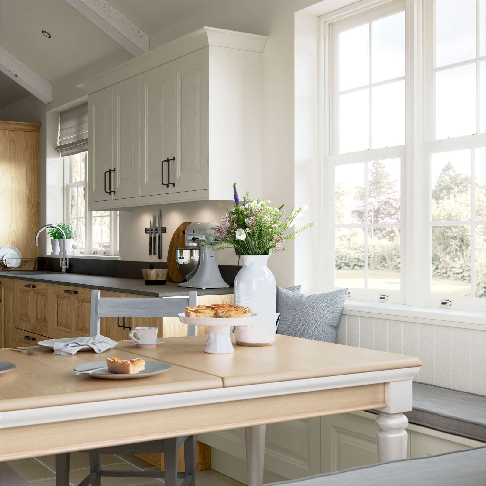 country style kitchen in painted matte ivory window seats