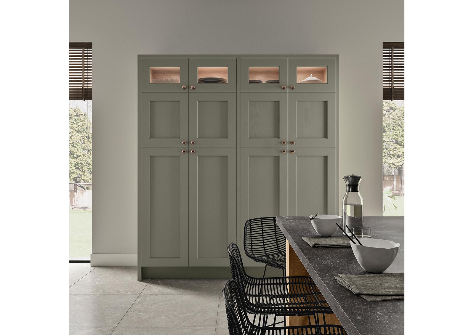 country shaker style kitchen tall units with glazed top boxes