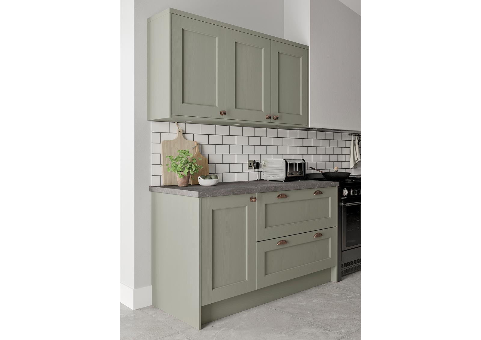 country shaker style kitchen matte cardamom painted base and wall units