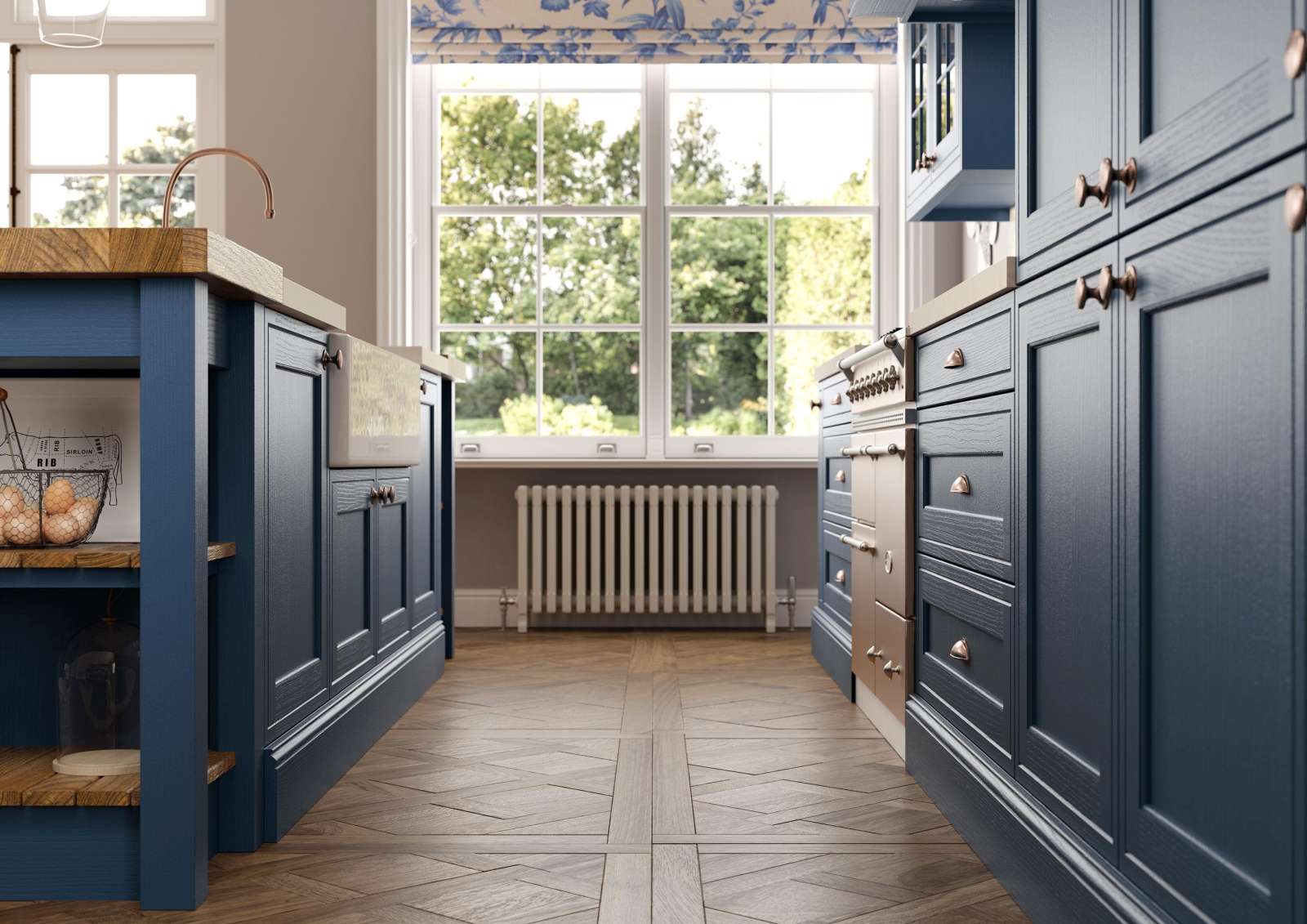 mock inframe country style shaker kitchen in Parisian blue close up