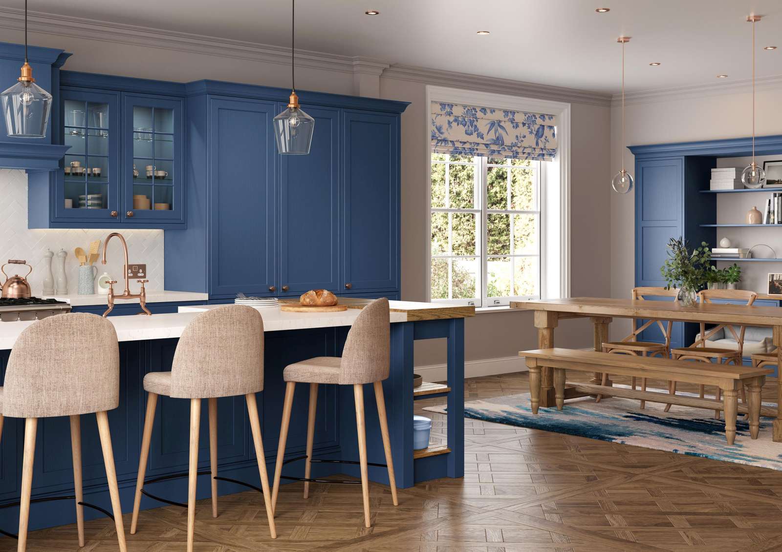 mock inframe country style shaker kitchen in Parisian blue facing home office
