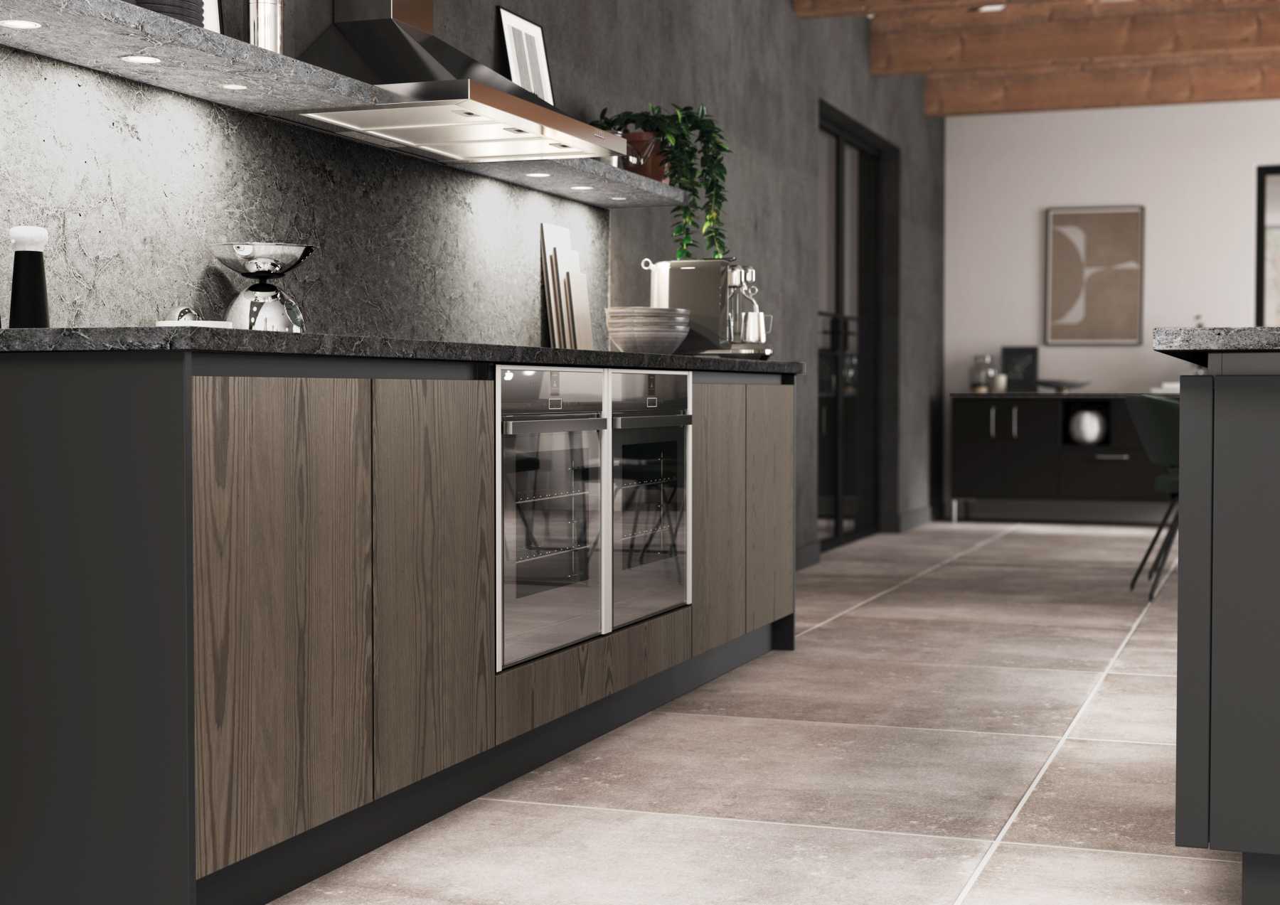 true handleless kitchen with ash veneer doors stained truffle grey