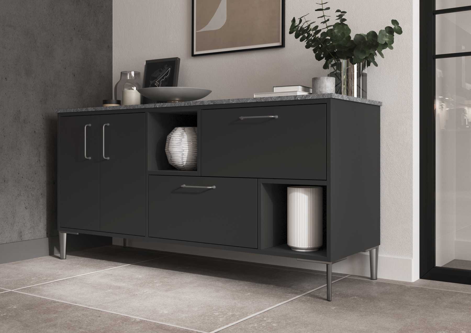 matte graphite painted sideboard with polished chrome legs close-up