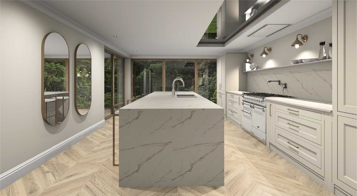 inframe shaker style kitchen with porcelain waterfall end to island