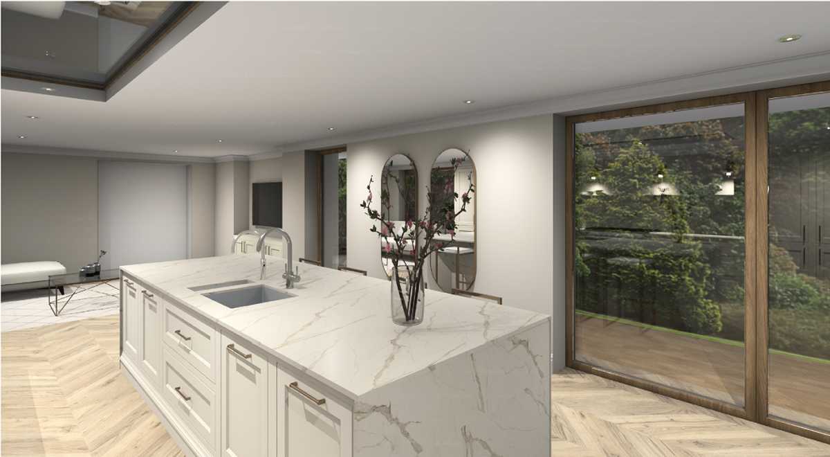 inframe shaker style kitchen island painted shell with through vein porcelain worktop