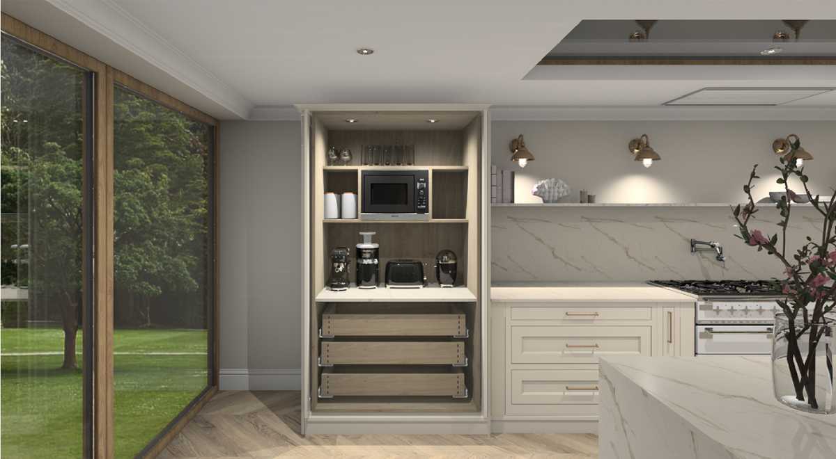 inframe shaker style kitchen showing open tea and coffee station