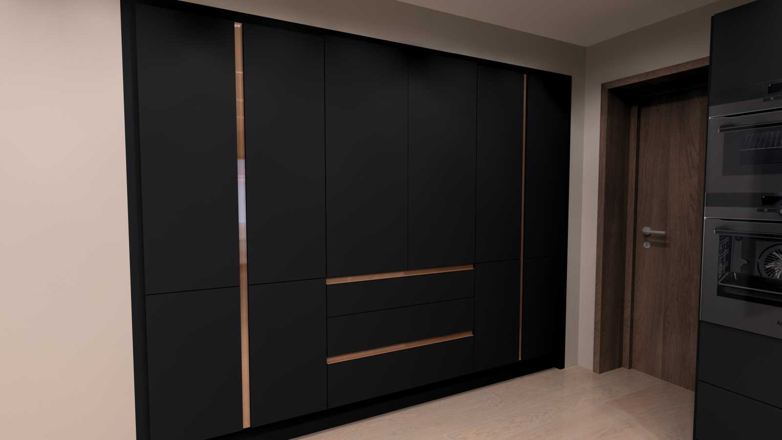 luxury modern true handleless dark matte tall units and drinks station