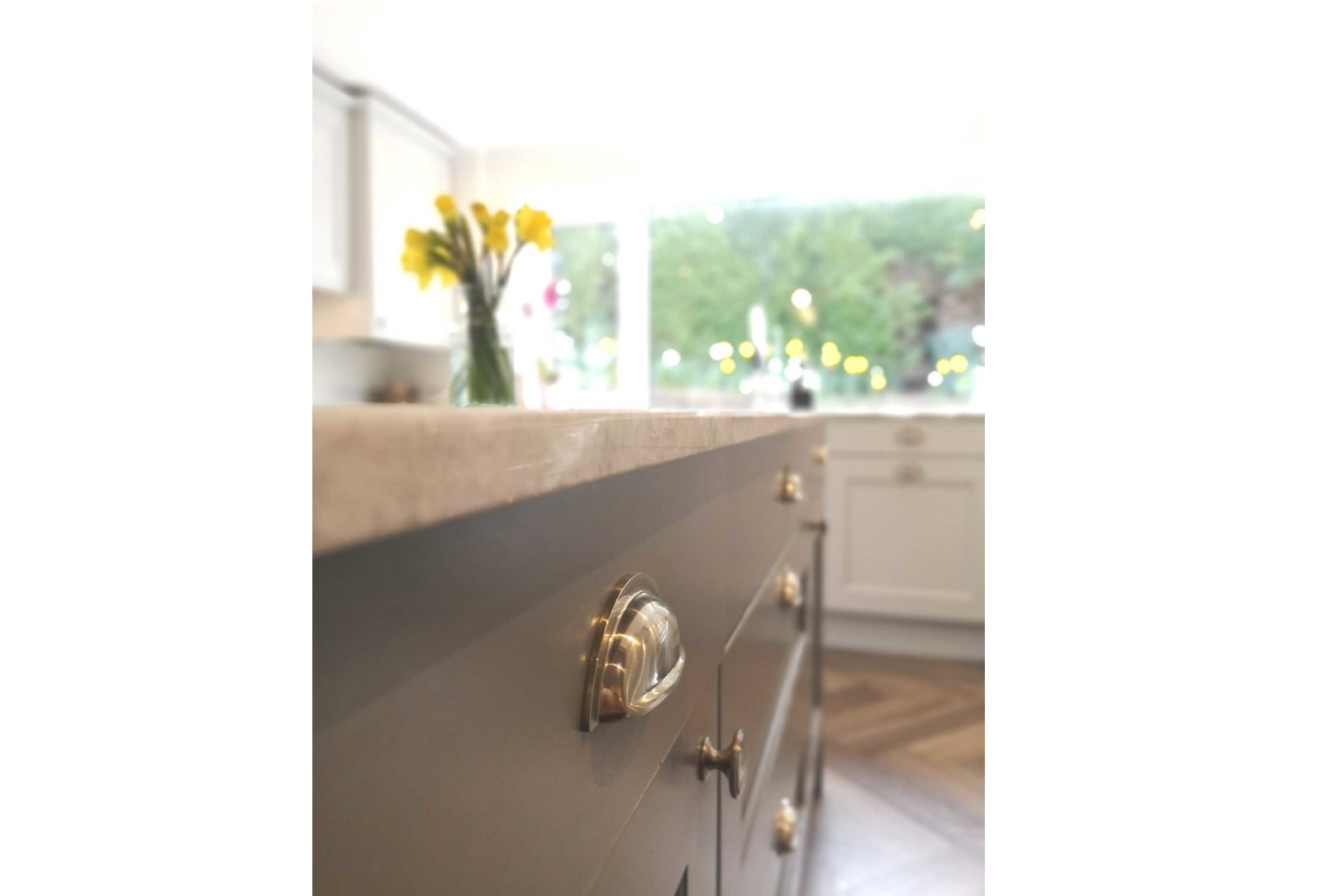 beaded shaker style island painted dust grey with polished chrome cup handles