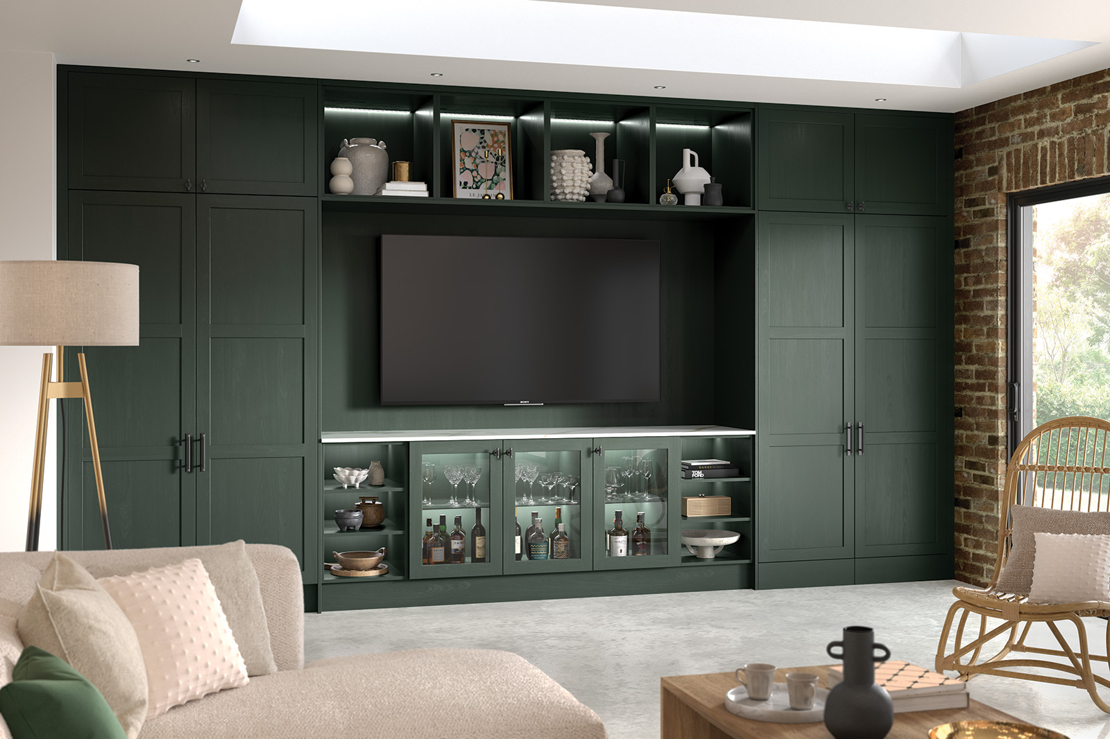 Shaker style media centre painted heritage green