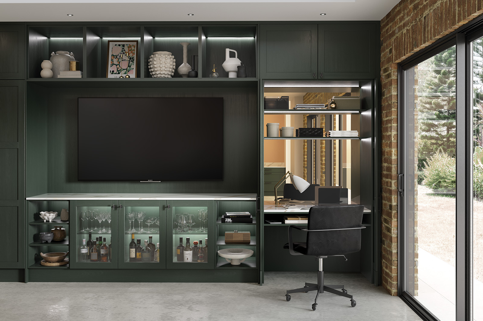 Shaker style media centre revealing concealed desk space
