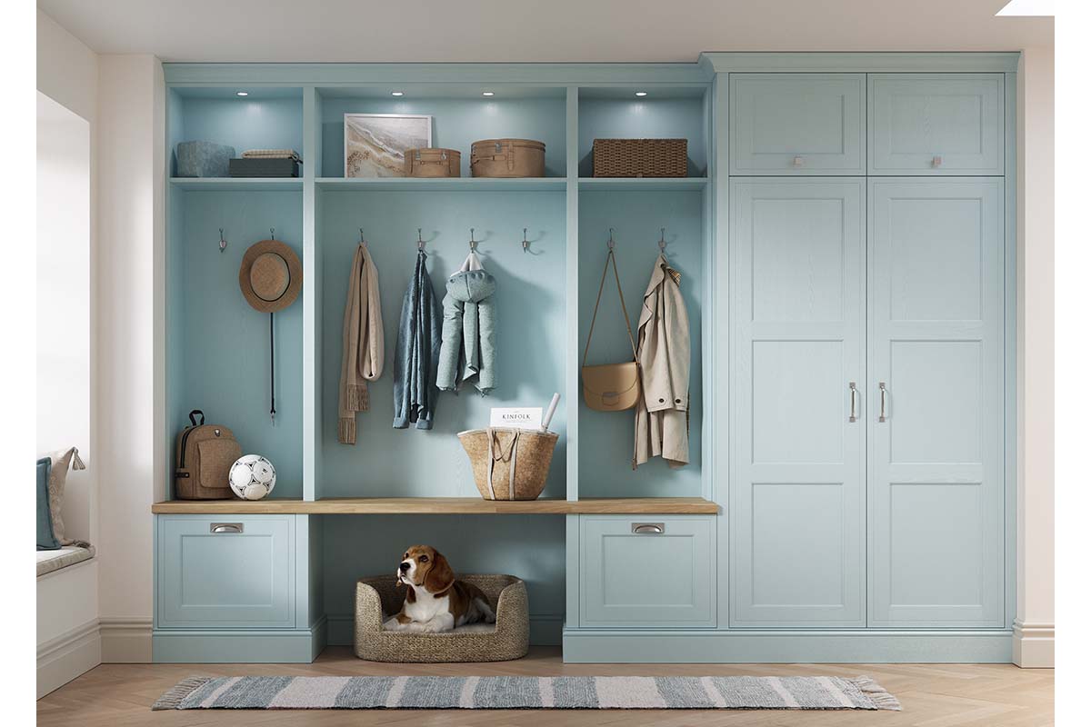 mock-inframe shaker fitted furniture featuring a dog bed
