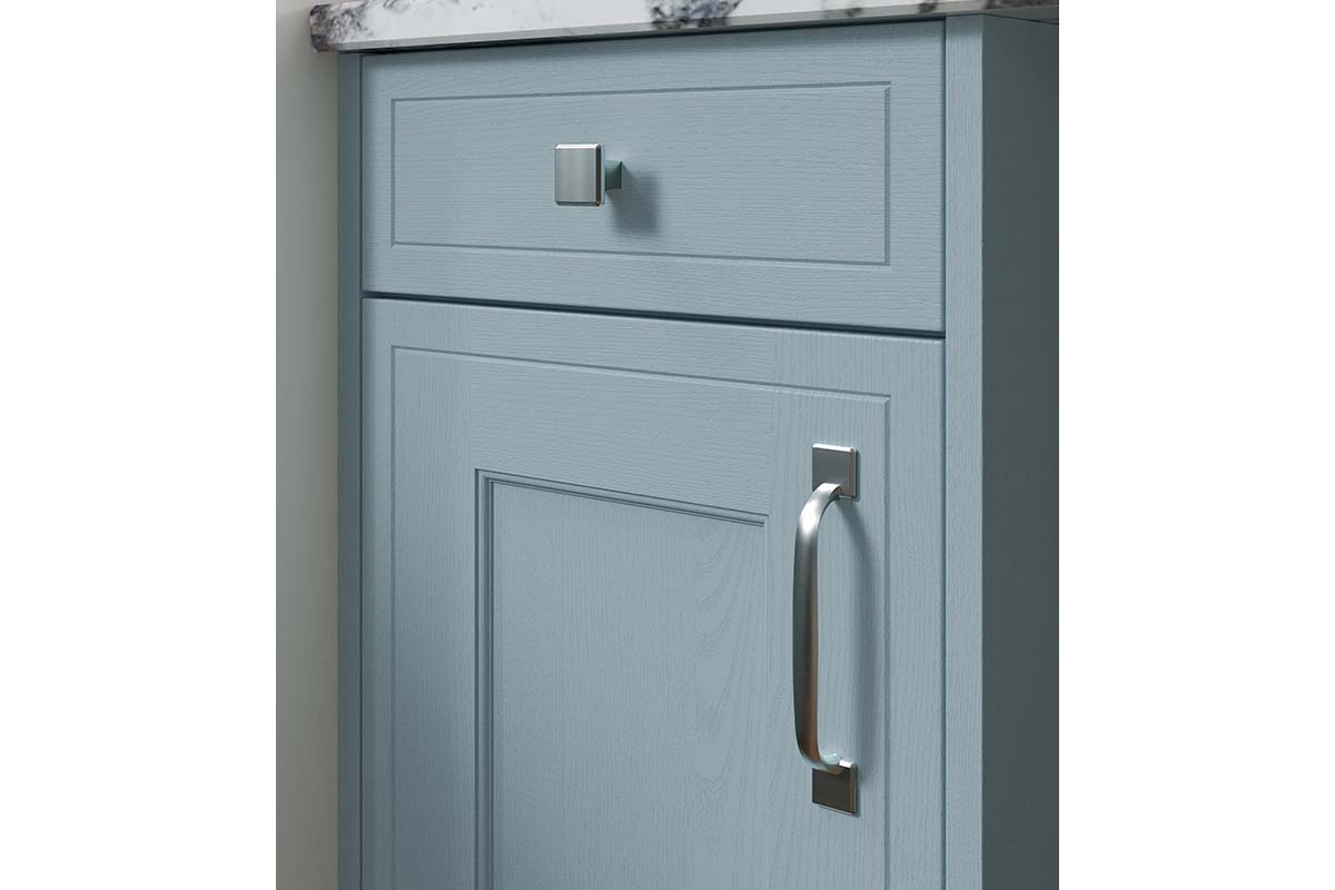 mock-inframe shaker door front routered detail painted pantry blue