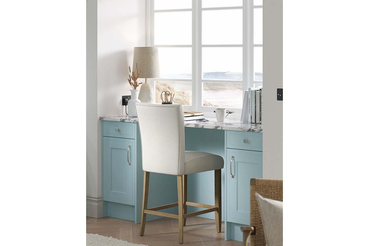 mock-inframe shaker fitted furniture home working space painted pantry blue