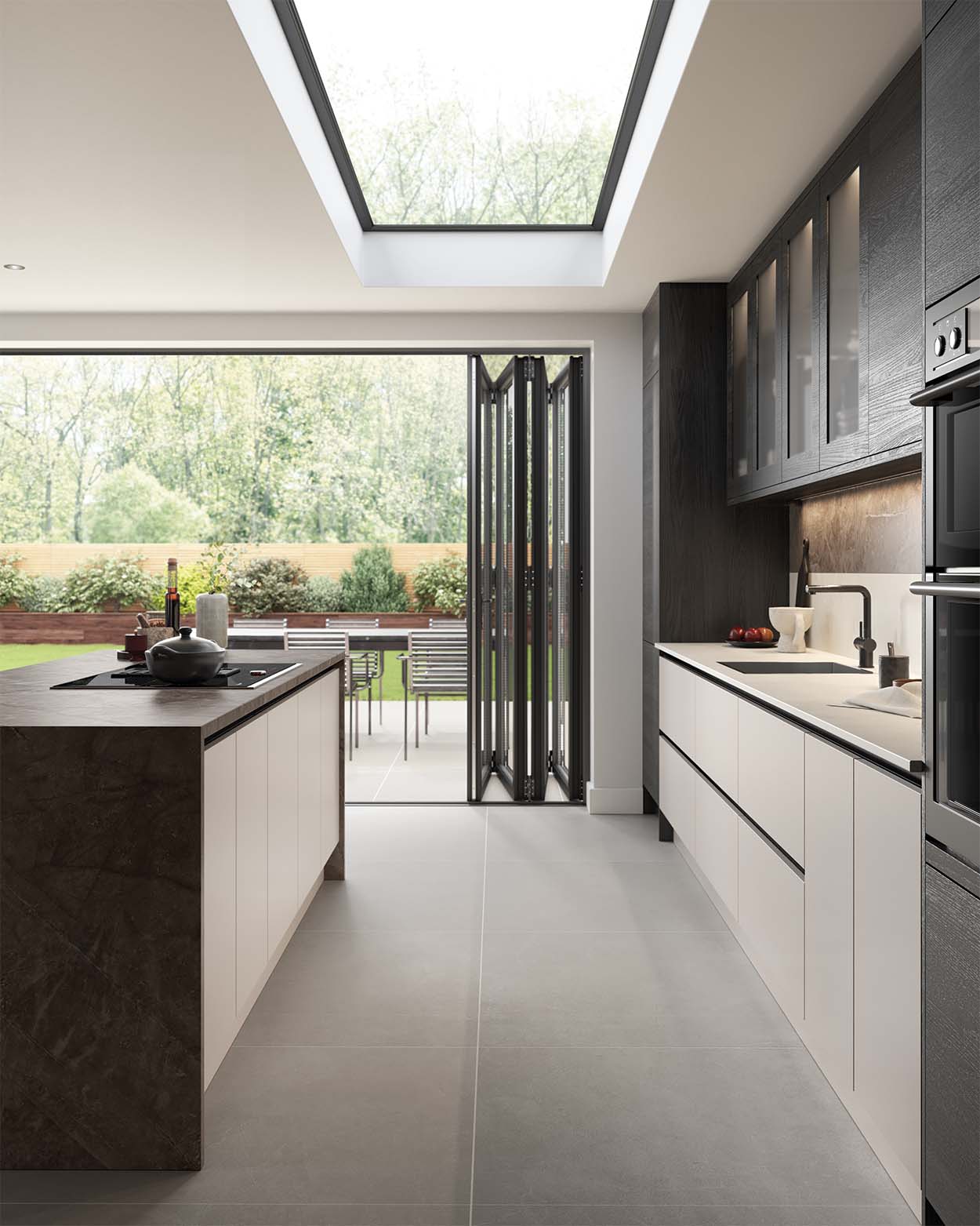 Modern handleless kitchen light grey and carbon black