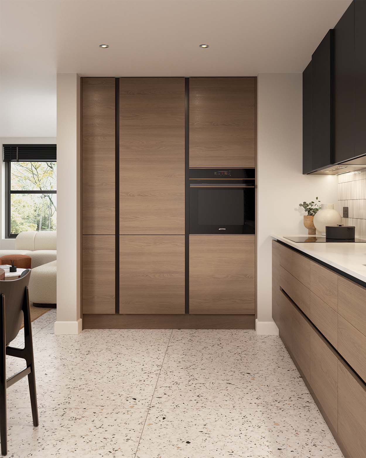 Modern handleless kitchen light grey and carbon black