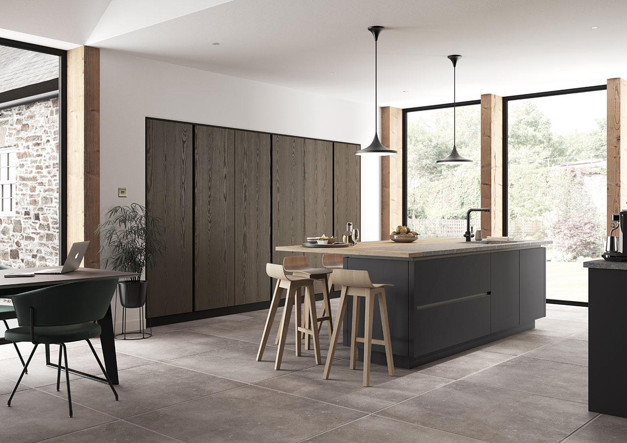 True handleless kitchen with stained truffle oak and matte graphite finishes