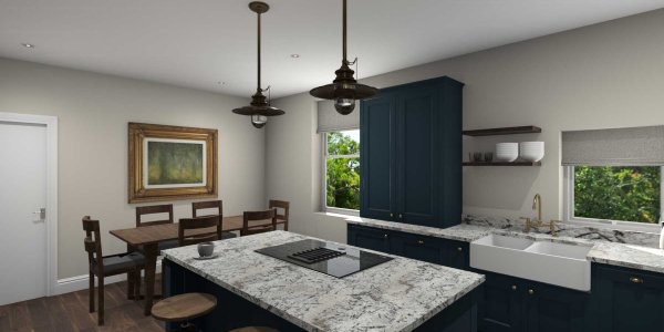 Inframe shaker style kitchen painted matte marine blue island front