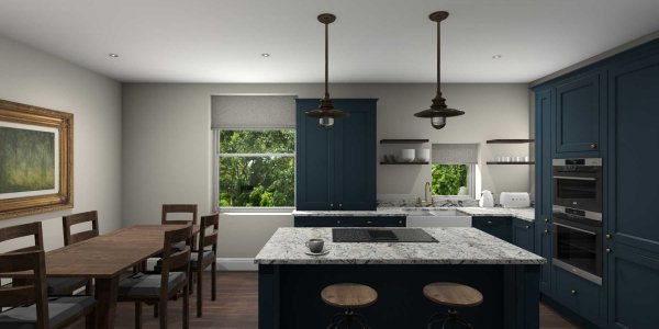 Inframe shaker style kitchen painted matte marine blue square on