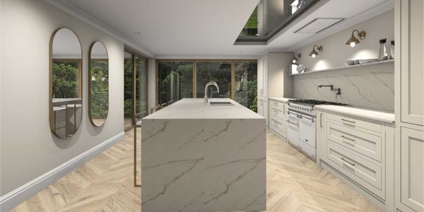 inframe shaker style kitchen with porcelain waterfall end to island