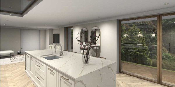 inframe shaker style kitchen island painted shell with through vein porcelain worktop