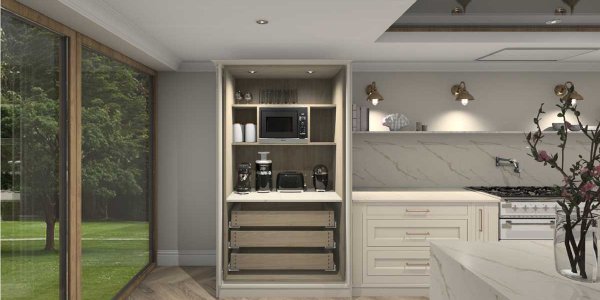 inframe shaker style kitchen showing open tea and coffee station