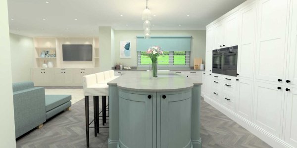 Inframe shaker style two colour kitchen island with curved doors 