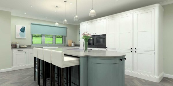 Inframe shaker style two colour kitchen with island